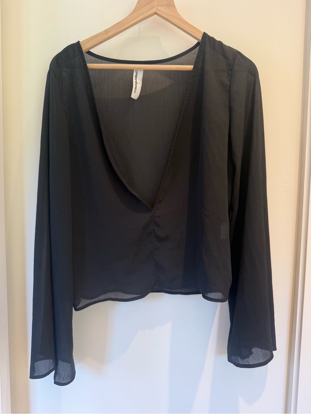 Missguided Black Sheer Plunge Long-Sleeve Blouse